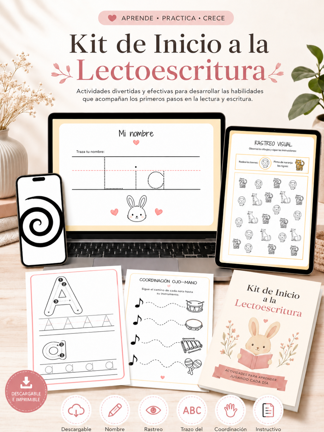 Mockup del Kit de Inicio a la Lectoescritura con hojas imprimibles, guía y actividades visuales